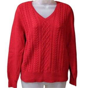 Chaps Vintage 90s Y2k Red Cable Knit Sweater Vneck Holiday Christmas Sweater Med